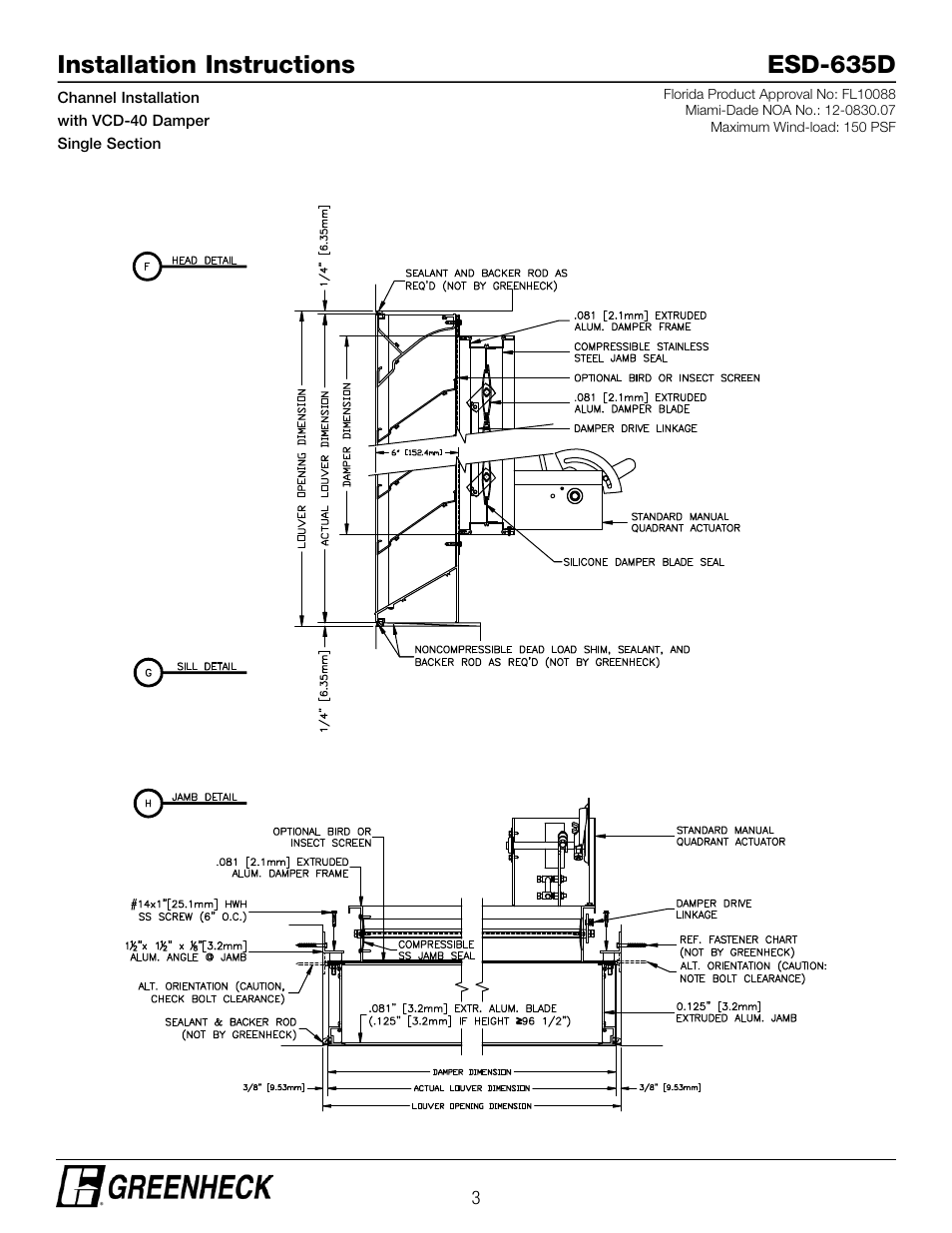 Installation instructions esd-635d | Greenheck ESD-635D, Channel Installation with VCD-40 Damper (474640) User Manual | Page 3 / 8