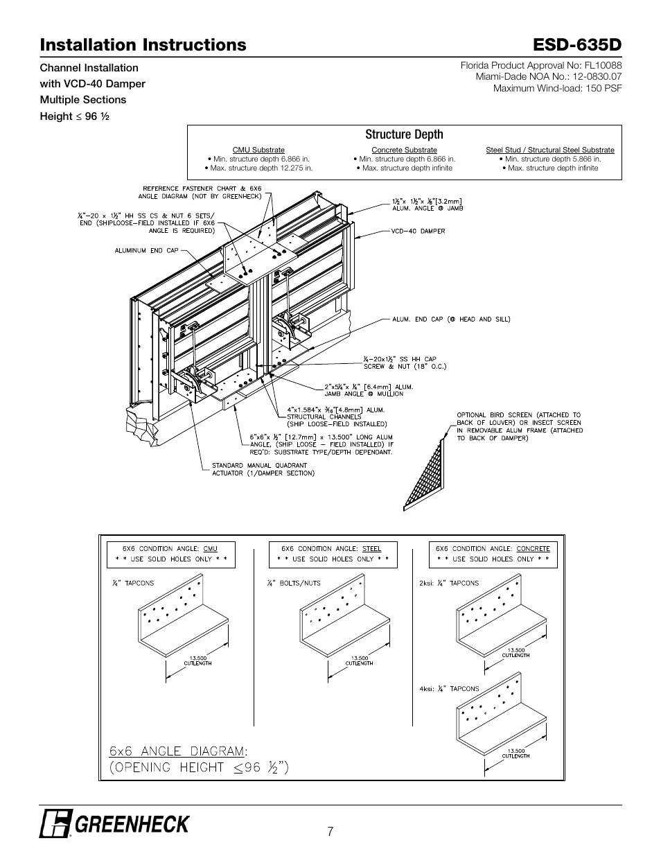 Installation instructions esd-635d, Structure depth | Greenheck ESD-635D, Channel Installation with VCD-40 Damper (474640) User Manual | Page 7 / 8