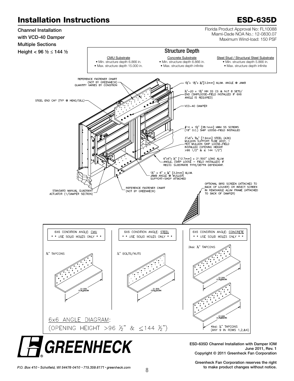 Installation instructions esd-635d, Structure depth | Greenheck ESD-635D, Channel Installation with VCD-40 Damper (474640) User Manual | Page 8 / 8