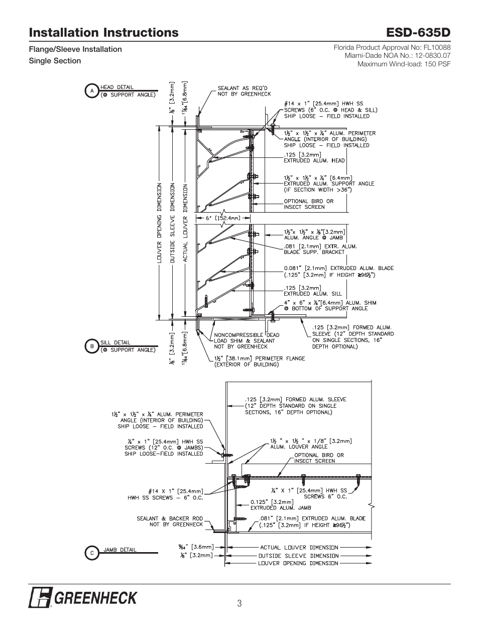 Installation instructions esd-635d | Greenheck ESD-635D, Flange/Sleeve Installation (474637) User Manual | Page 3 / 8