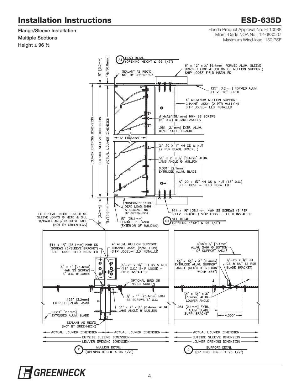 Installation instructions esd-635d | Greenheck ESD-635D, Flange/Sleeve Installation (474637) User Manual | Page 4 / 8