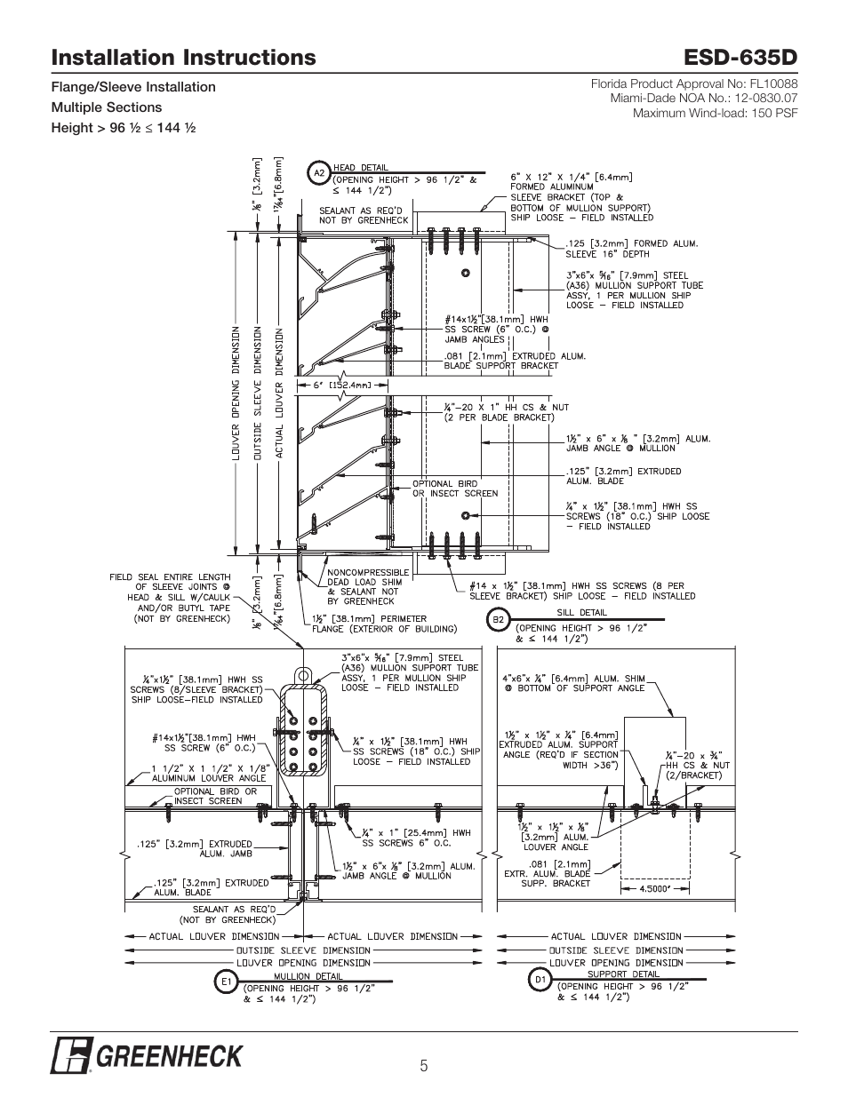Installation instructions esd-635d | Greenheck ESD-635D, Flange/Sleeve Installation (474637) User Manual | Page 5 / 8