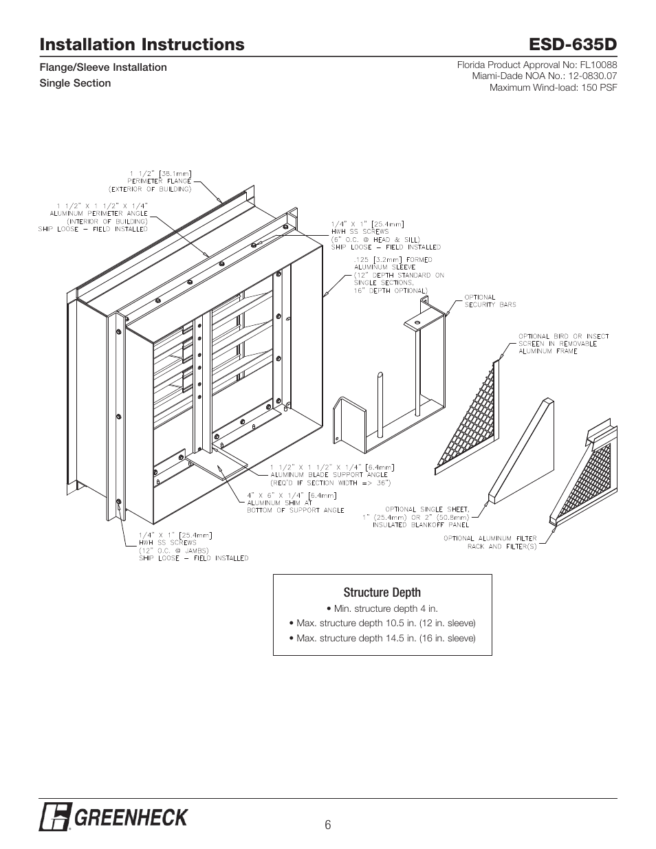 Installation instructions esd-635d | Greenheck ESD-635D, Flange/Sleeve Installation (474637) User Manual | Page 6 / 8