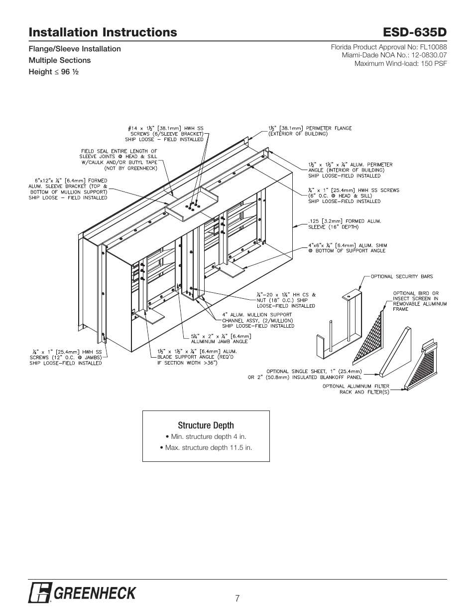 Installation instructions esd-635d | Greenheck ESD-635D, Flange/Sleeve Installation (474637) User Manual | Page 7 / 8