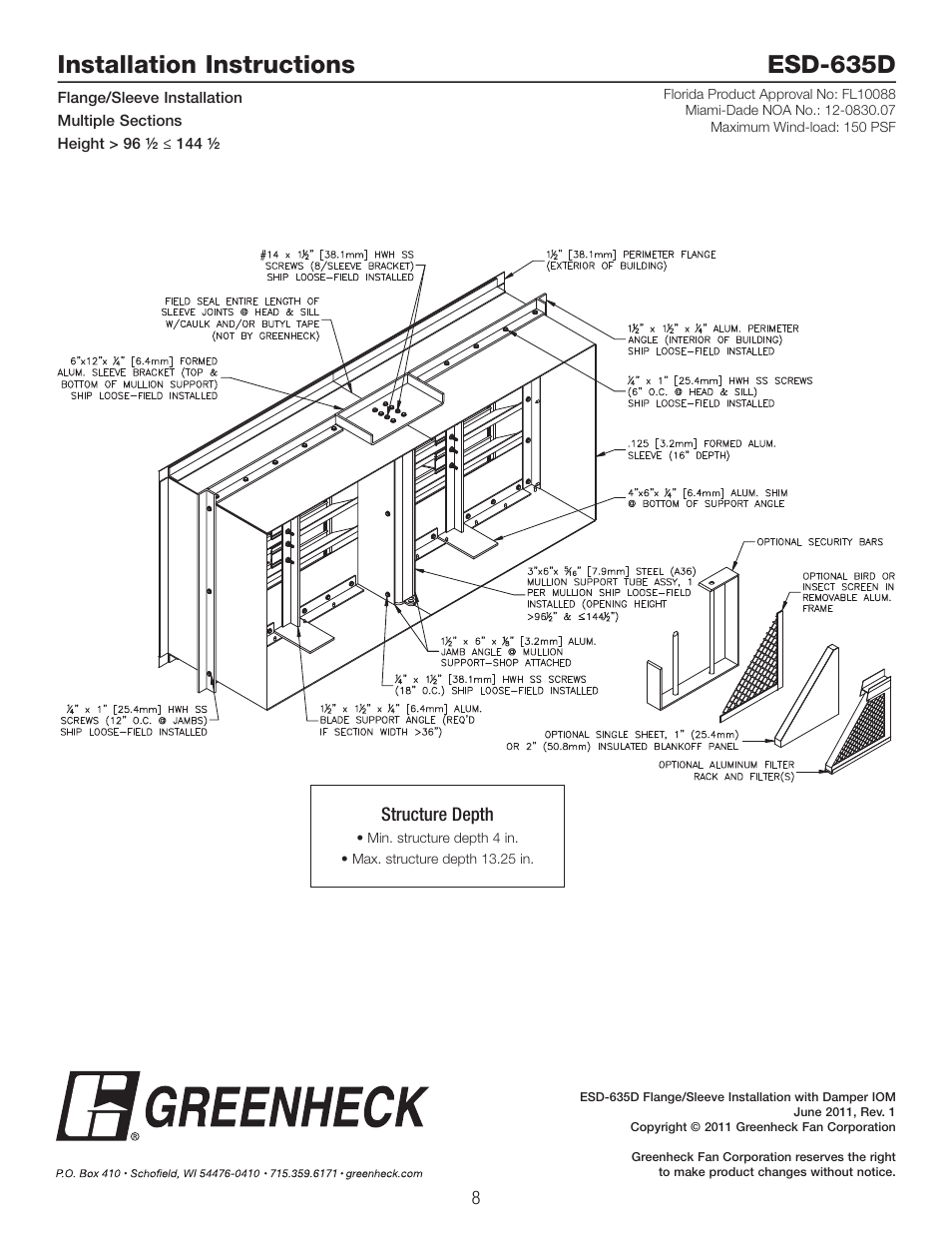 Installation instructions esd-635d | Greenheck ESD-635D, Flange/Sleeve Installation (474637) User Manual | Page 8 / 8