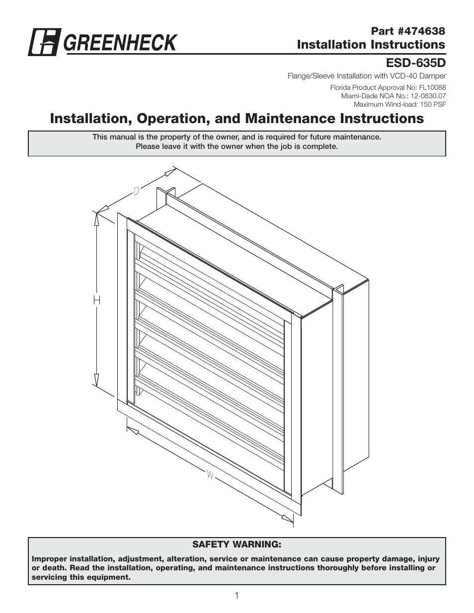 Greenheck ESD-635D, Flange/Sleeve Installation with VCD-40 Damper (474638) User Manual | 8 pages
