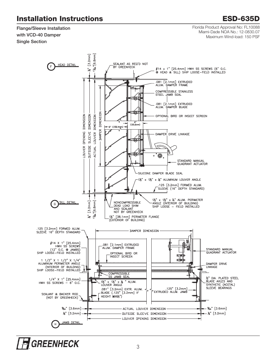 Installation instructions esd-635d | Greenheck ESD-635D, Flange/Sleeve Installation with VCD-40 Damper (474638) User Manual | Page 3 / 8