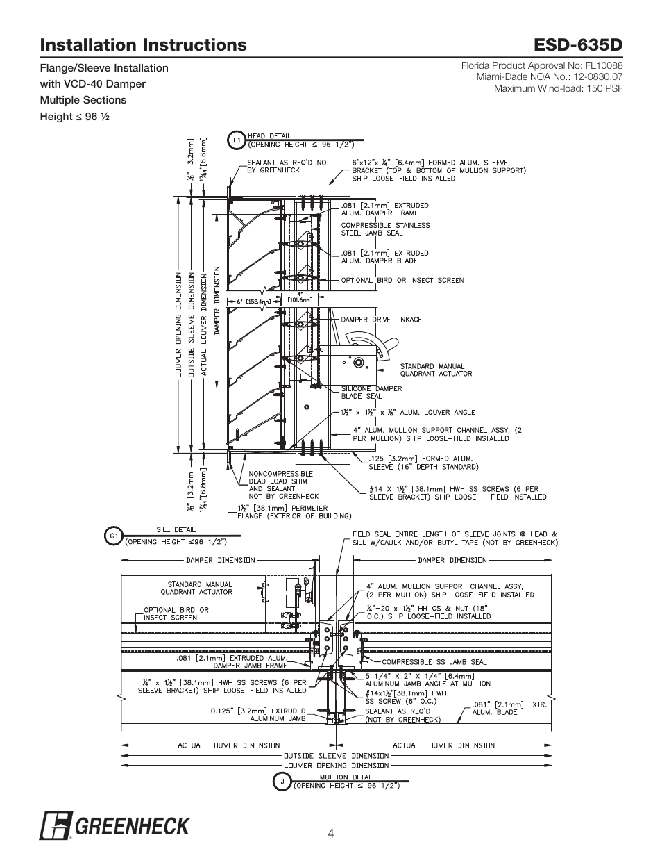 Installation instructions esd-635d | Greenheck ESD-635D, Flange/Sleeve Installation with VCD-40 Damper (474638) User Manual | Page 4 / 8