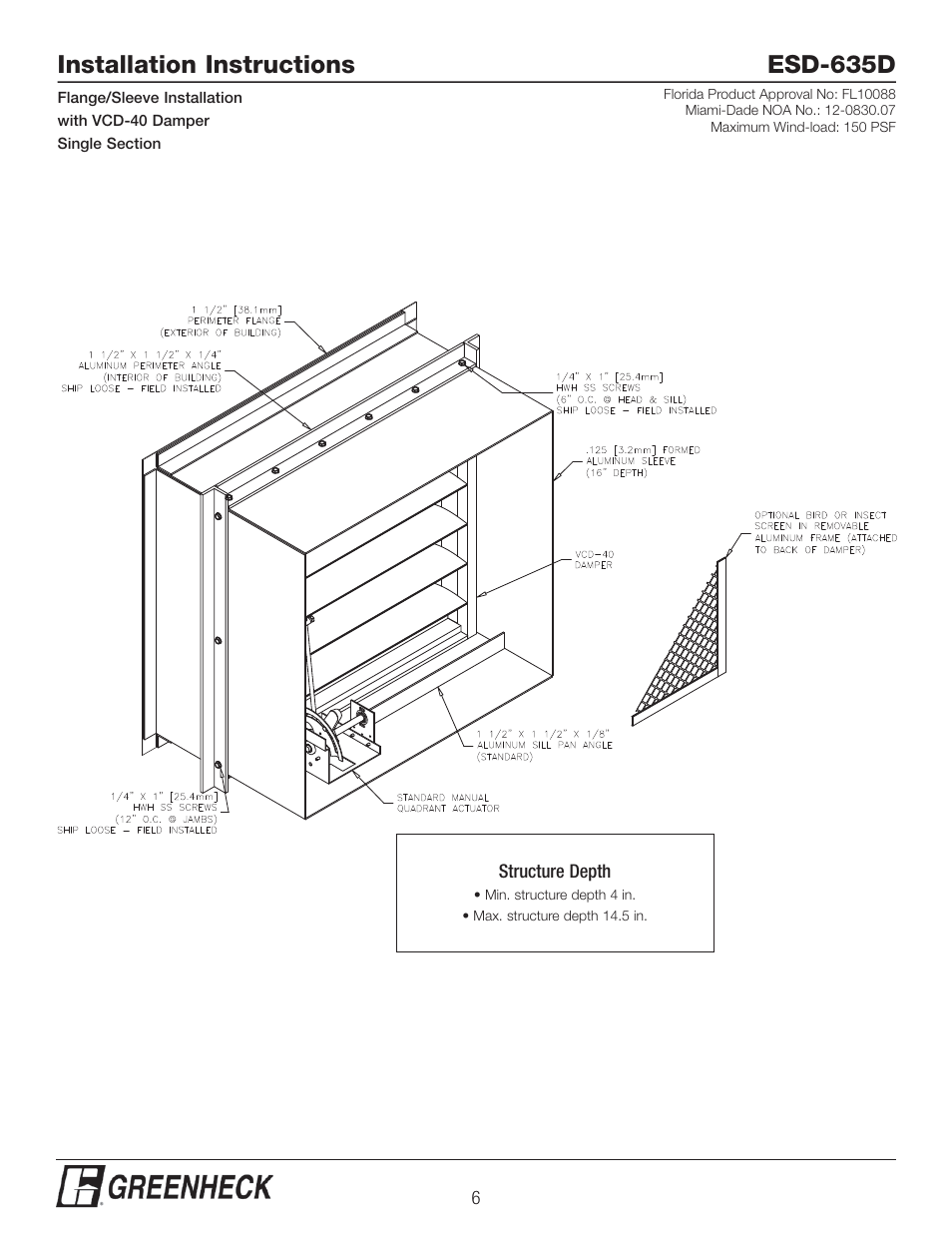 Installation instructions esd-635d | Greenheck ESD-635D, Flange/Sleeve Installation with VCD-40 Damper (474638) User Manual | Page 6 / 8