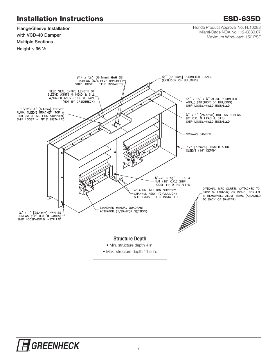 Installation instructions esd-635d | Greenheck ESD-635D, Flange/Sleeve Installation with VCD-40 Damper (474638) User Manual | Page 7 / 8