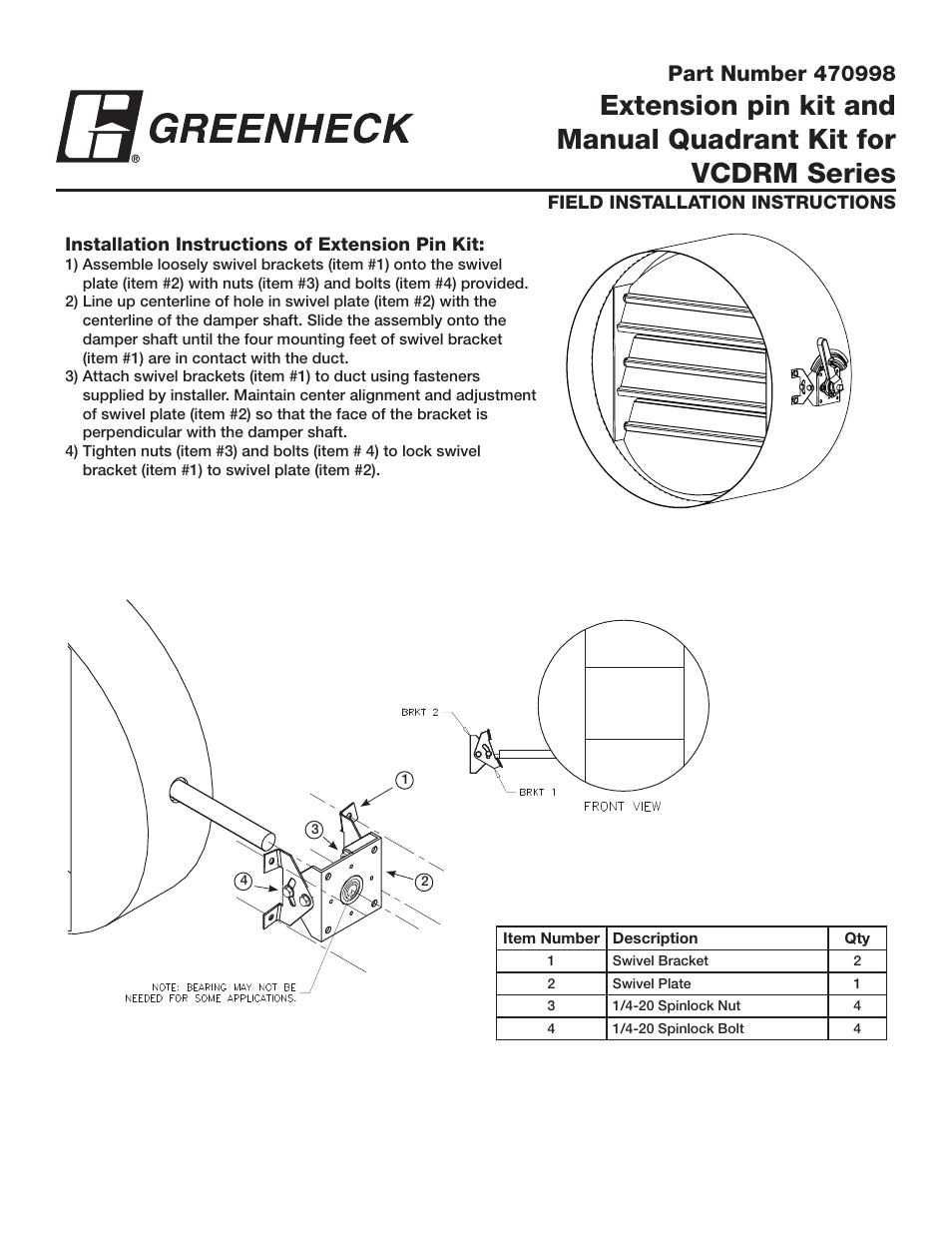 Greenheck Extension Pin Kit & Manual Quadrant kit for VCDRM (470998) User Manual | 2 pages