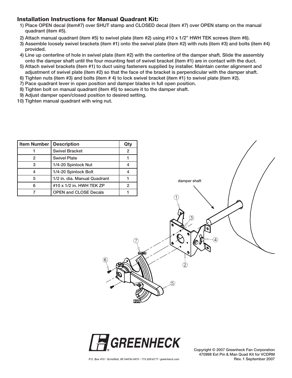 Installation instructions for manual quadrant kit | Greenheck Extension Pin Kit & Manual Quadrant kit for VCDRM (470998) User Manual | Page 2 / 2