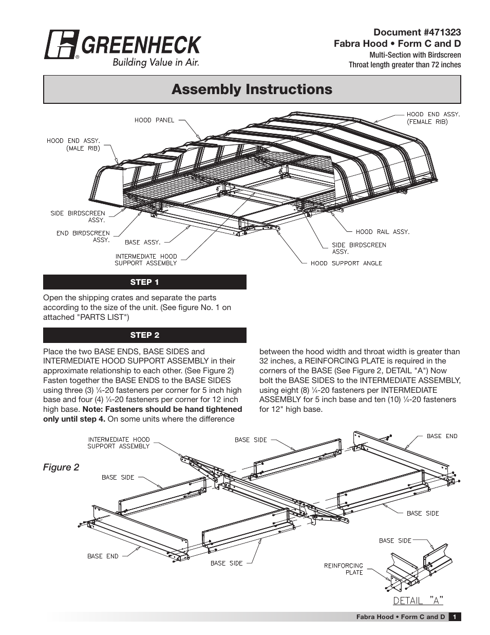 Greenheck Fabra Hood, Multi Section with Birdscreen, throat length greater than 72 inches (471323) User Manual | 4 pages