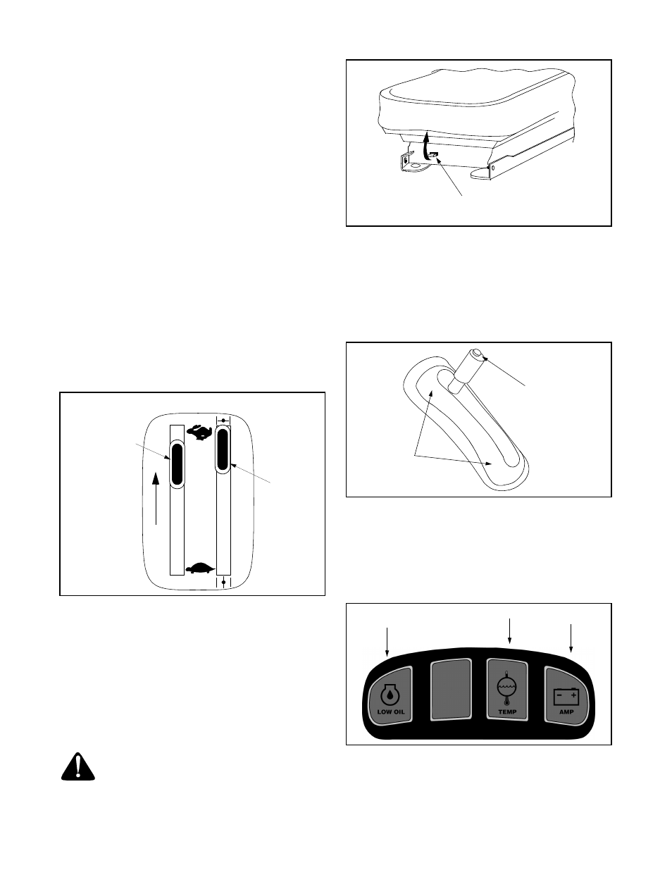 Throttle lever and choke lever, Seat adjustment lever, Lift handle | Indicator panel | Cub Cadet 365 User Manual | Page 8 / 56