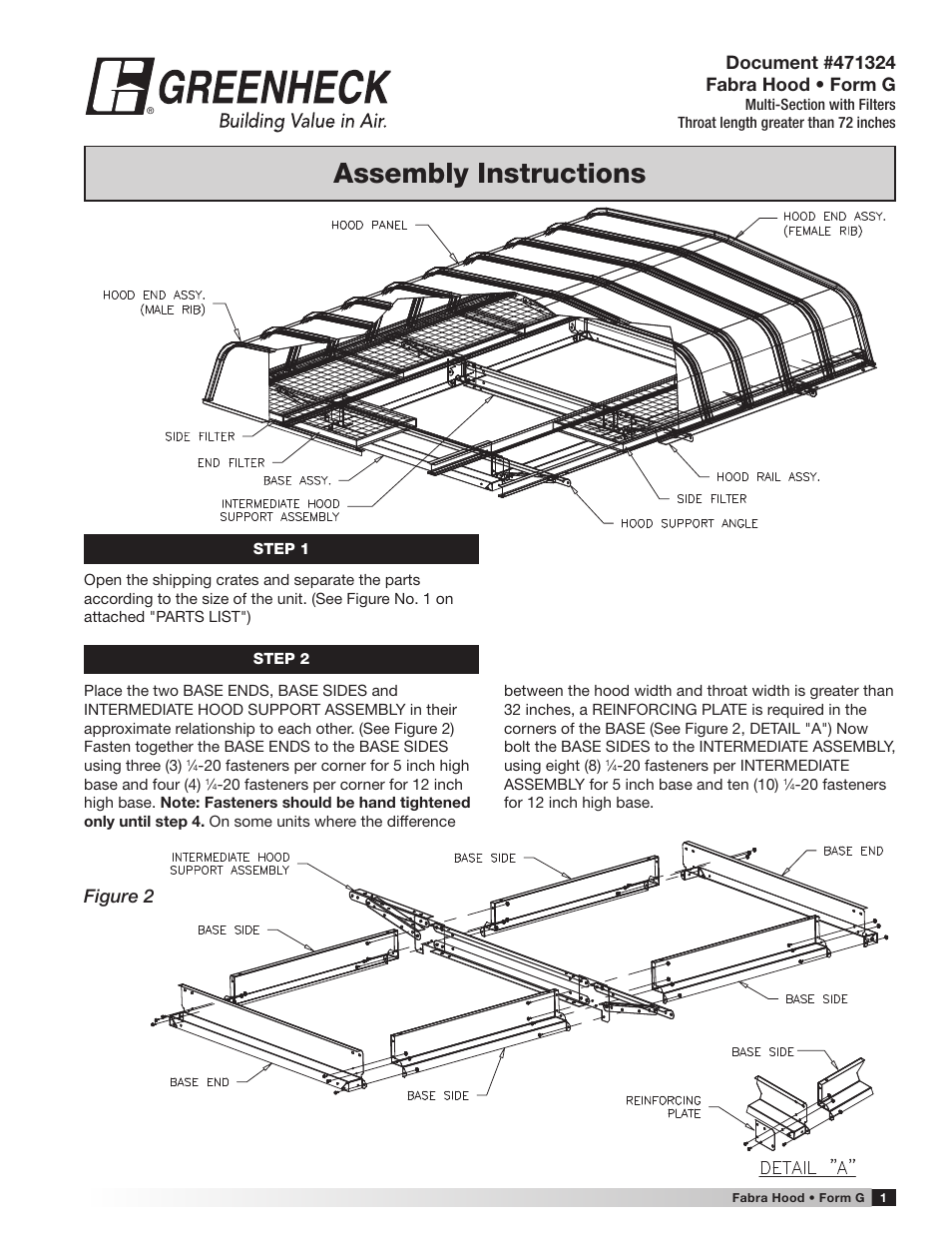Greenheck Fabra Hood, Multi Section with Filters, throat length greater than 72 inches (471324) User Manual | 4 pages