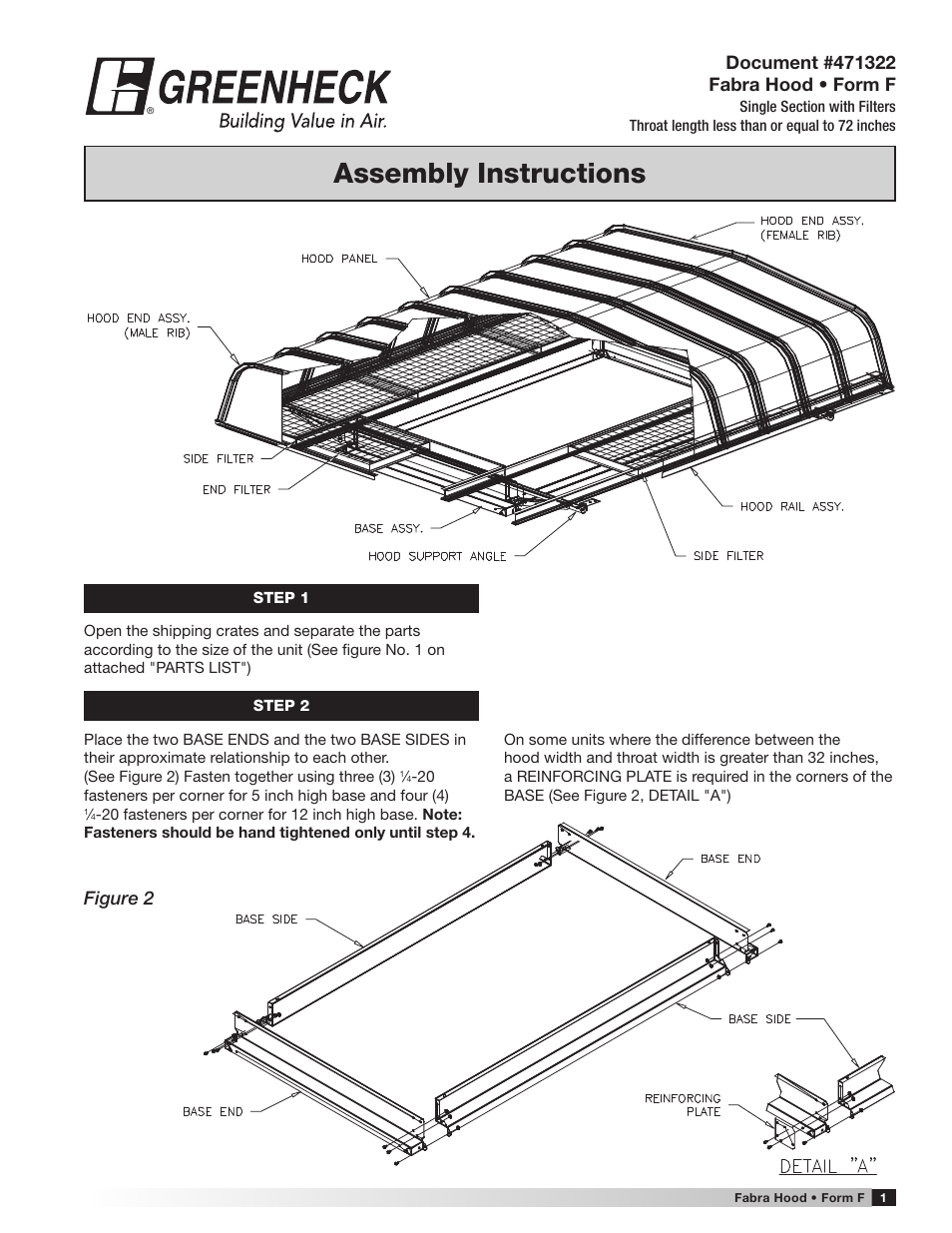 Greenheck Fabra Hood, Single Section with Filters, throat length less than or equal to 72 inches (471322) User Manual | 4 pages