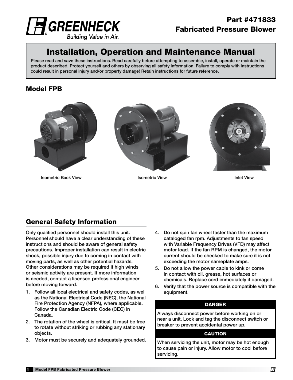 Greenheck Fabricated Pressure Blower (471833) User Manual | 4 pages