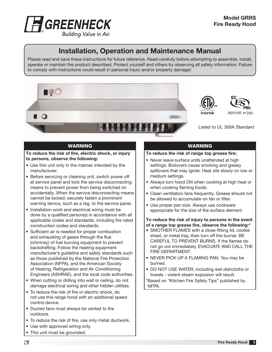 Greenheck Fire Ready Hood - GRRS User Manual | 28 pages