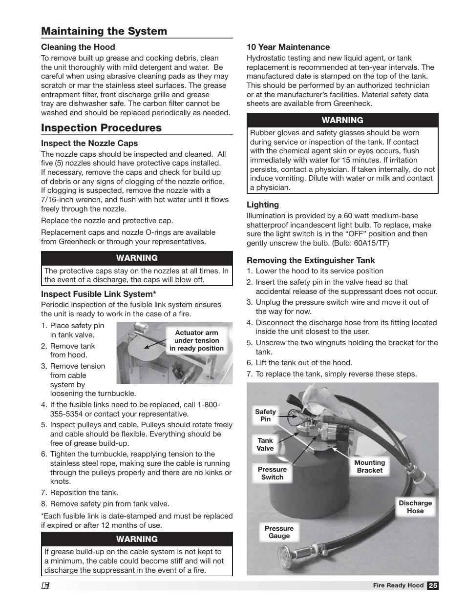 Inspection procedures maintaining the system | Greenheck Fire Ready Hood - GRRS User Manual | Page 25 / 28