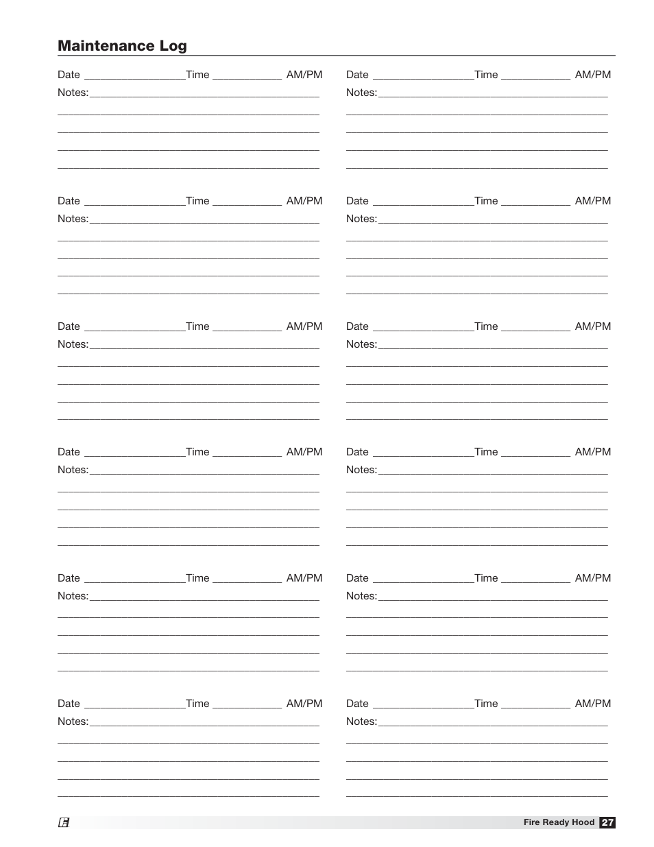 Maintenance log | Greenheck Fire Ready Hood - GRRS User Manual | Page 27 / 28