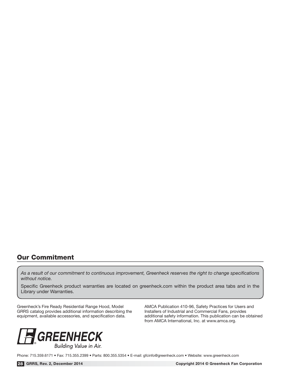 Our commitment | Greenheck Fire Ready Hood - GRRS User Manual | Page 28 / 28