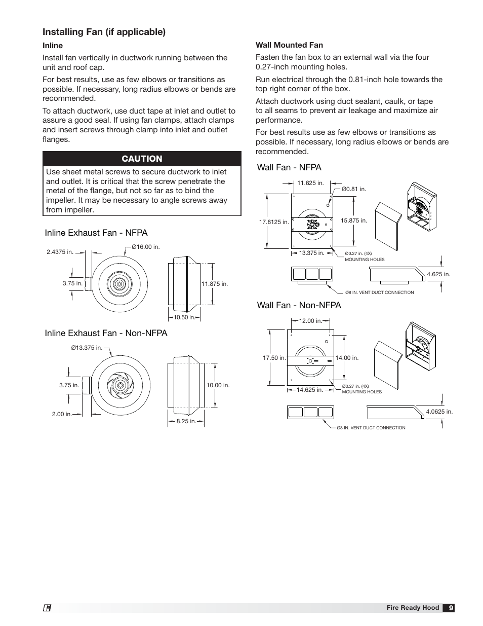Installing fan (if applicable), Caution, Wall fan - non-nfpa wall fan - nfpa | Greenheck Fire Ready Hood - GRRS User Manual | Page 9 / 28
