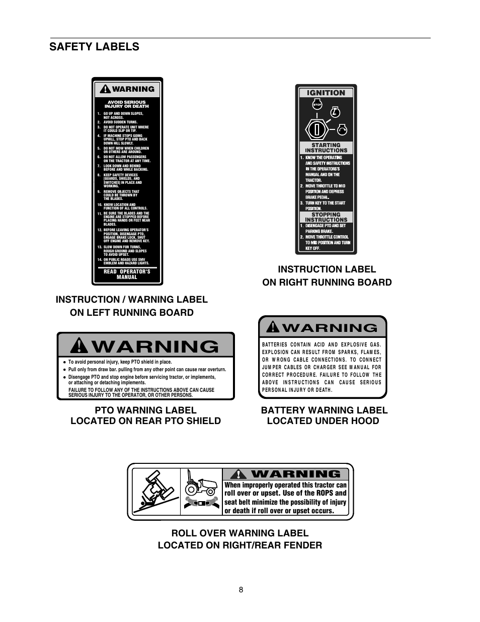 Safety labels, Instruction / warning label on left running board, Battery warning label located under hood | Pto warning label located on rear pto shield, Warning | Cub Cadet SERIES 5000 5252 User Manual | Page 8 / 48