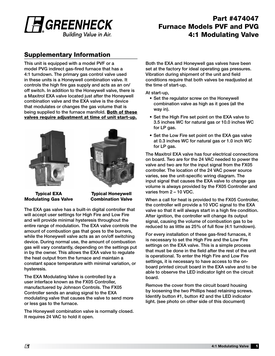 Greenheck Furnace PVF 4:1 Modulating Valve (474047) User Manual | 2 pages
