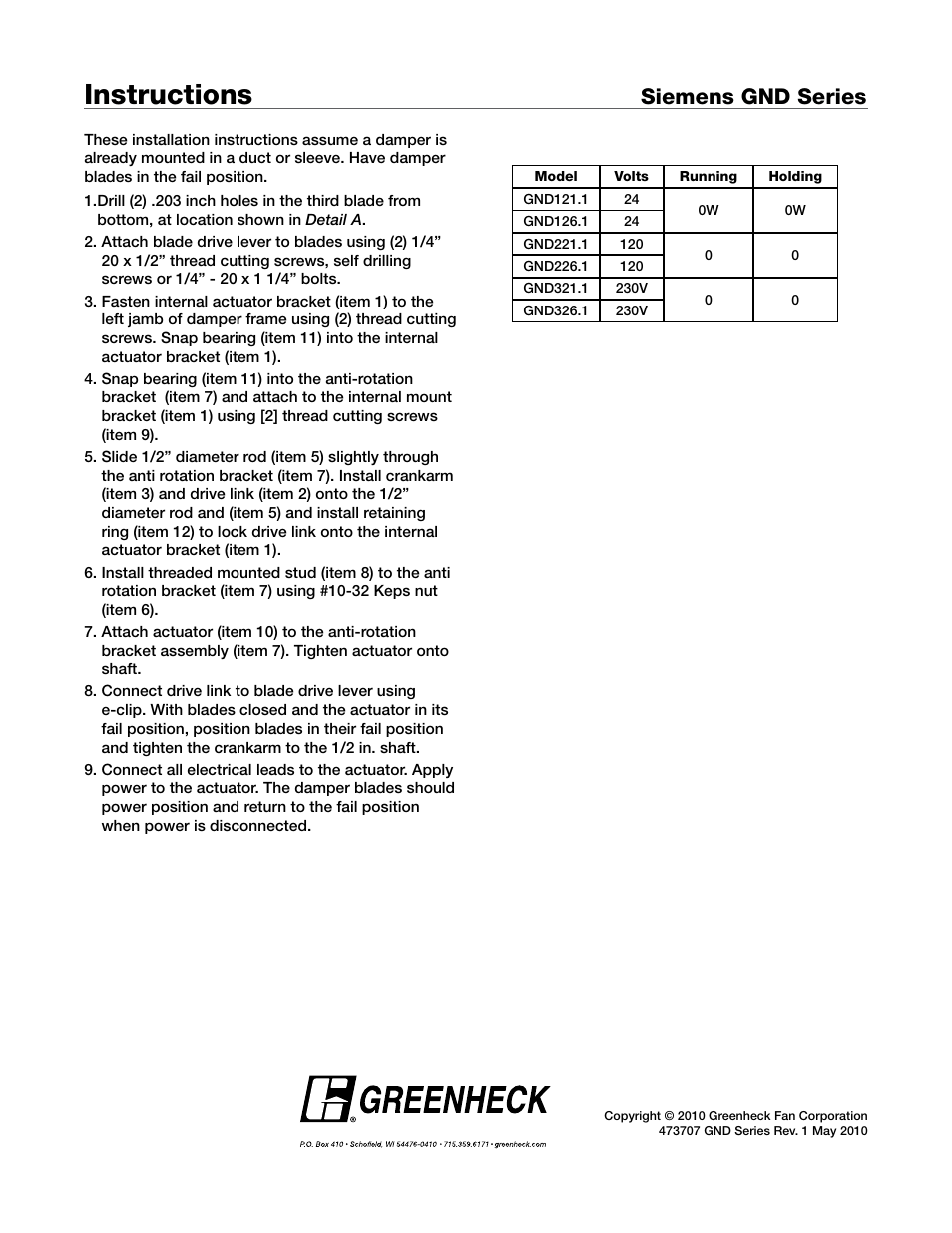 Instructions, Siemens gnd series | Greenheck GND Series Internal Mount (473707) User Manual | Page 2 / 2