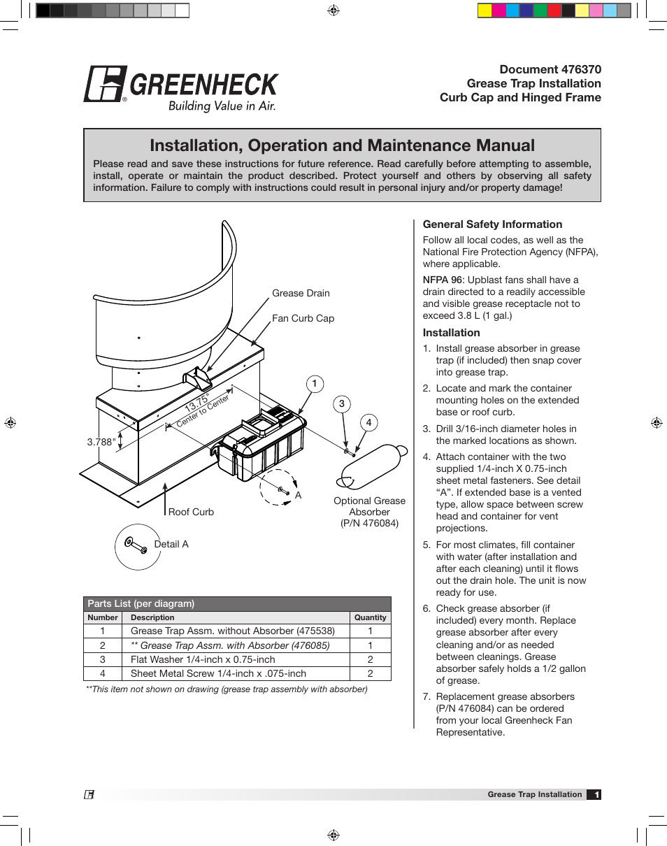 Greenheck Grease Trap (476370) User Manual | 2 pages