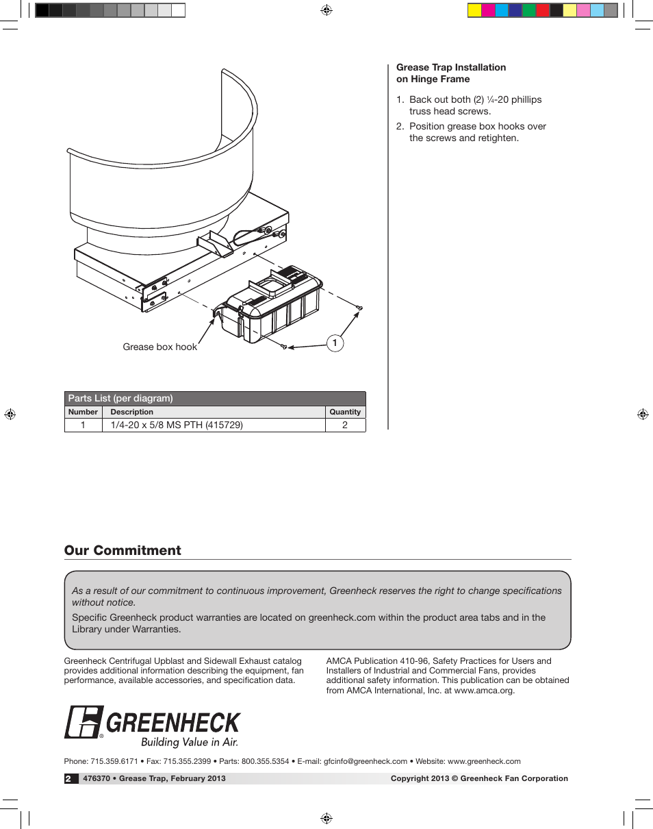 Our commitment | Greenheck Grease Trap (476370) User Manual | Page 2 / 2