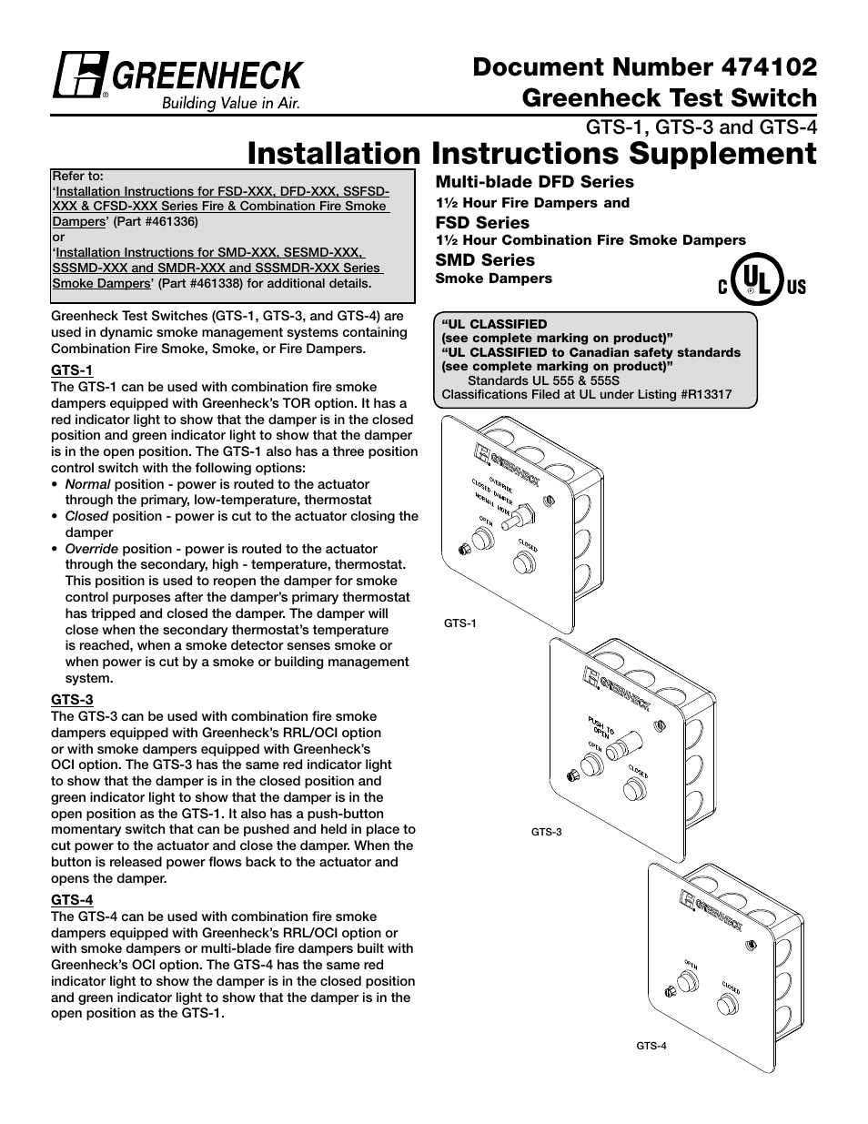Greenheck Test Switch (474102) User Manual | 2 pages