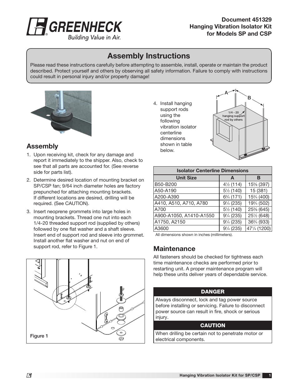 Greenheck Hanging Vibration Isolator Kit for SP and CSP (451329) User Manual | 2 pages