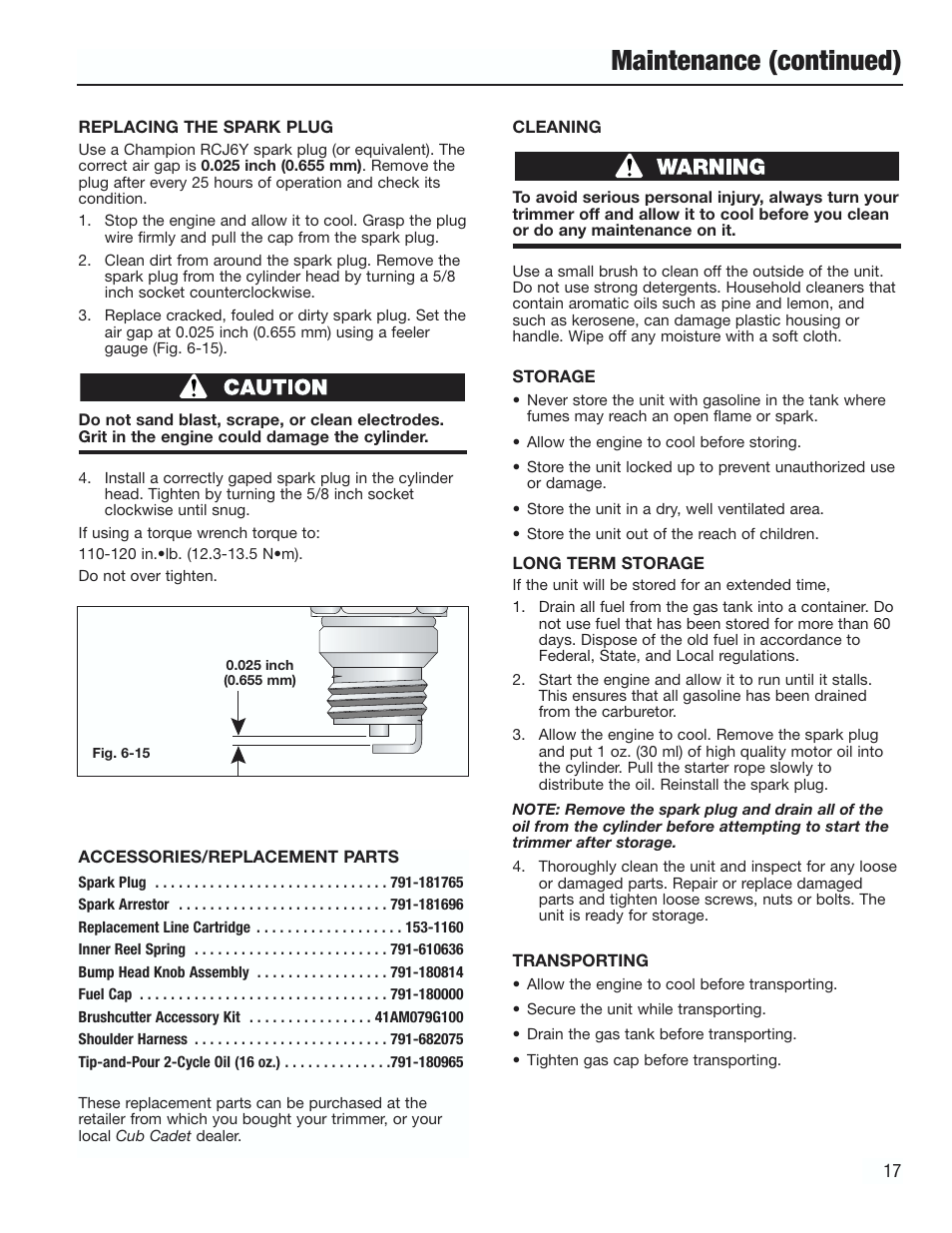 Maintenance (continued) | Cub Cadet CC3000 User Manual | Page 17 / 60