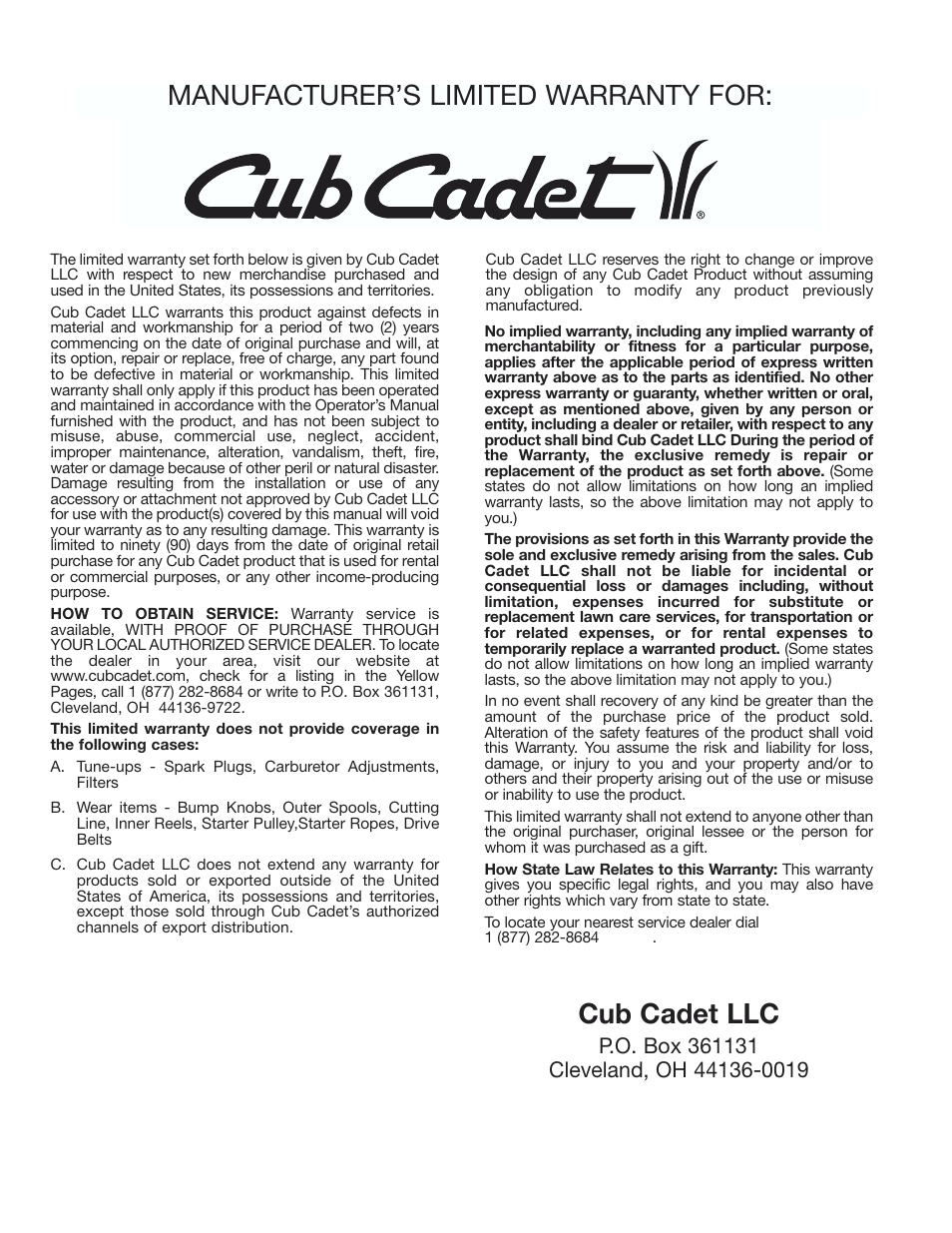 Manufacturer’s limited warranty for, Cub cadet llc | Cub Cadet CC3000 User Manual | Page 20 / 60