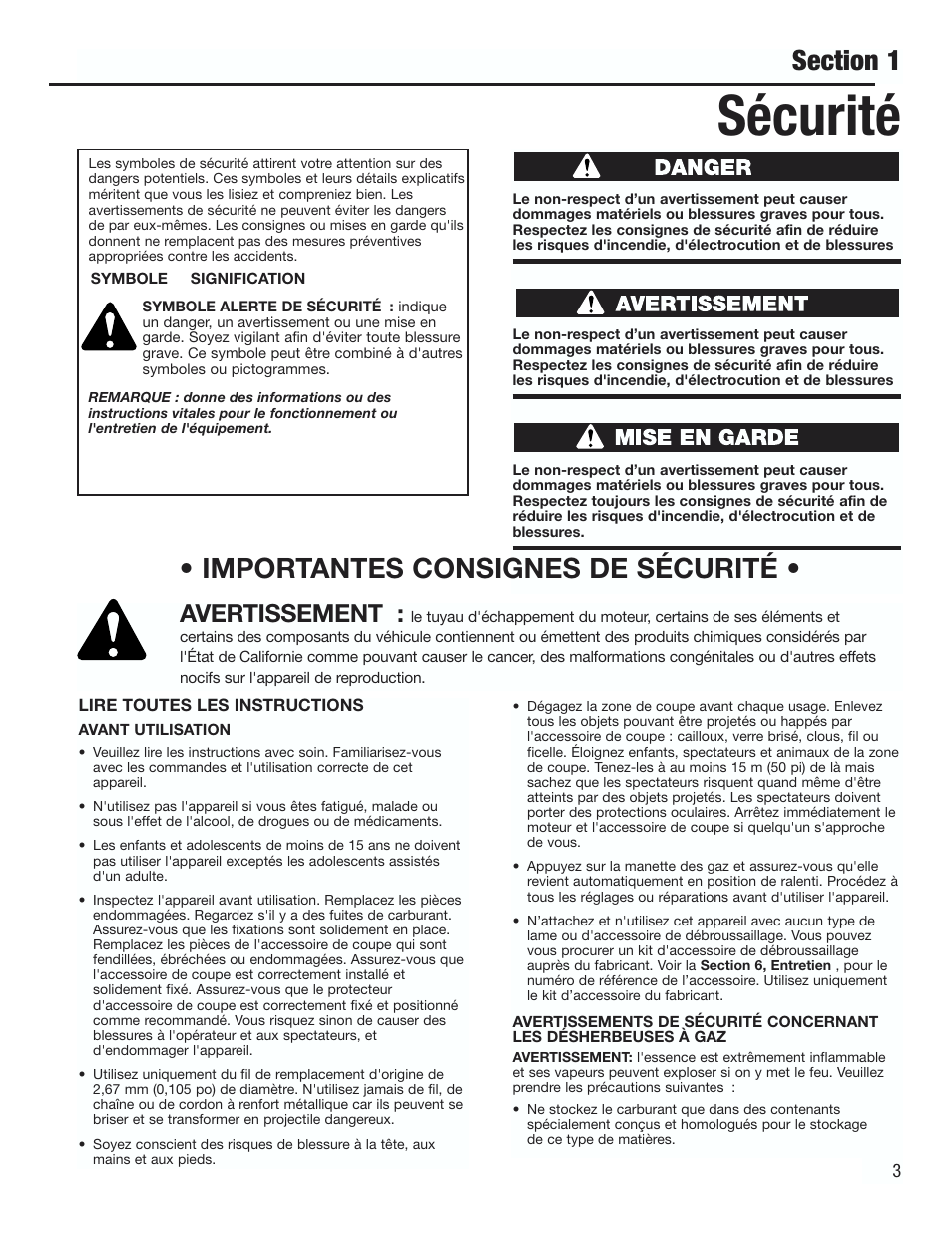 Sécurité, Importantes consignes de sécurité, Avertissement | Cub Cadet CC3000 User Manual | Page 23 / 60