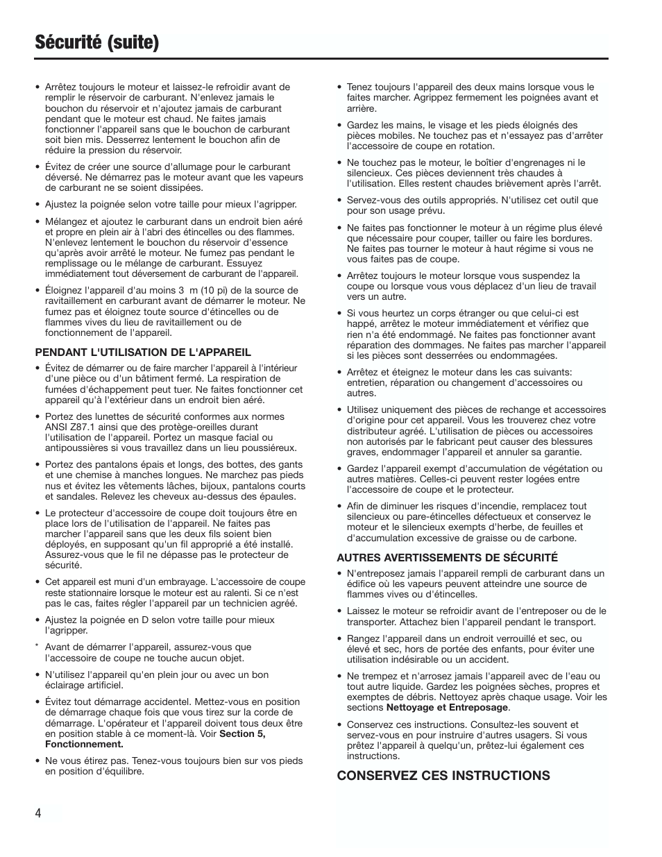 Sécurité (suite), Conservez ces instructions | Cub Cadet CC3000 User Manual | Page 24 / 60