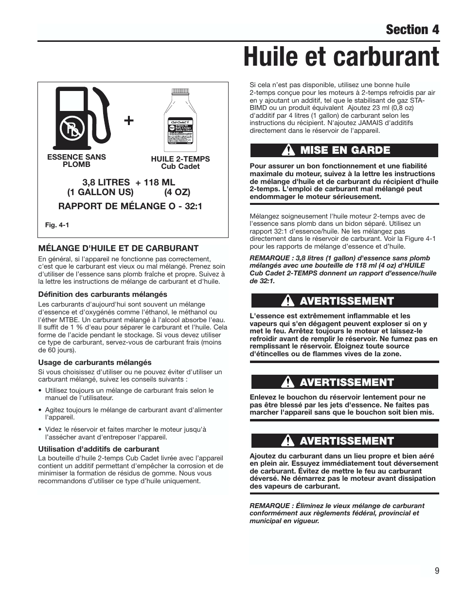 Huile et carburant | Cub Cadet CC3000 User Manual | Page 29 / 60