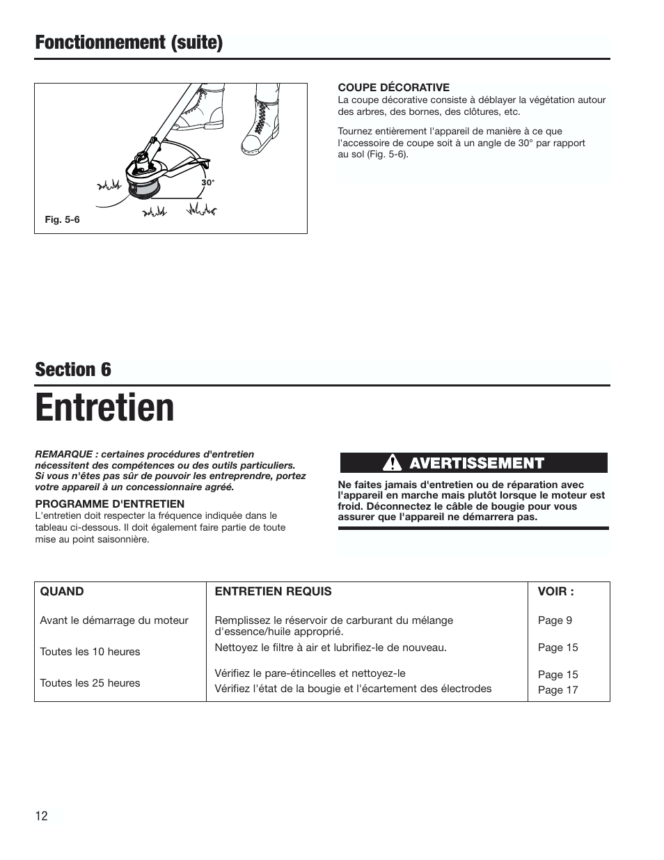 Entretien, Fonctionnement (suite) | Cub Cadet CC3000 User Manual | Page 32 / 60