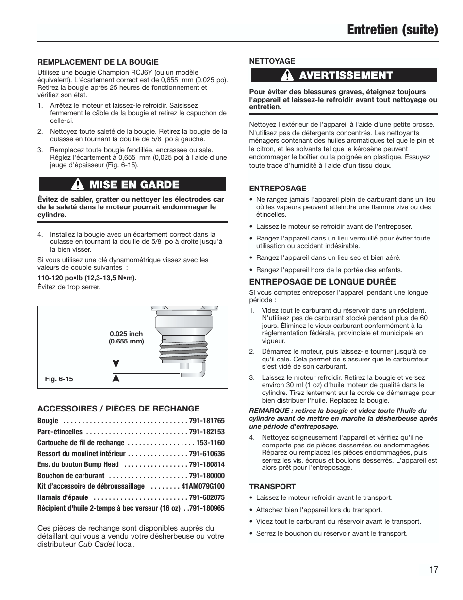 Entretien (suite) | Cub Cadet CC3000 User Manual | Page 37 / 60