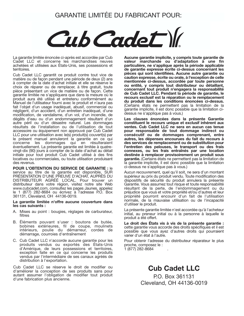 Cub cadet llc, Garantie limitée du fabricant pour | Cub Cadet CC3000 User Manual | Page 40 / 60