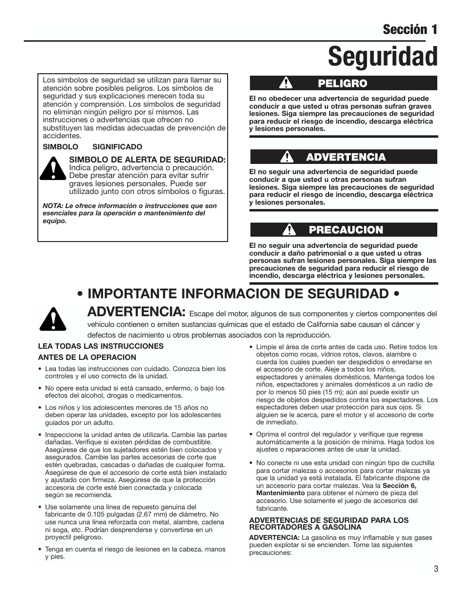 Seguridad, Sección 1, Importante informacion de seguridad • advertencia | Cub Cadet CC3000 User Manual | Page 43 / 60