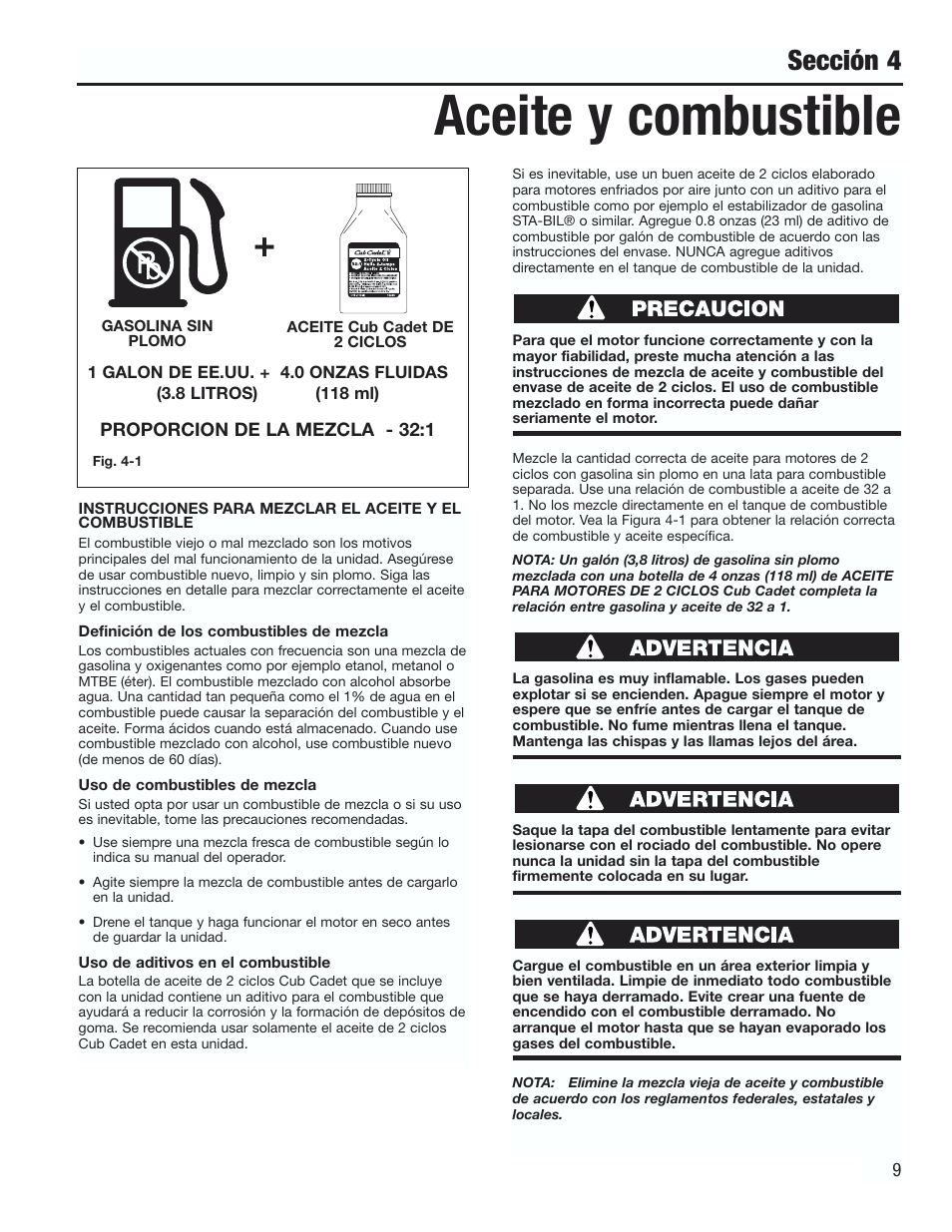 Aceite y combustible, Sección 4 | Cub Cadet CC3000 User Manual | Page 49 / 60
