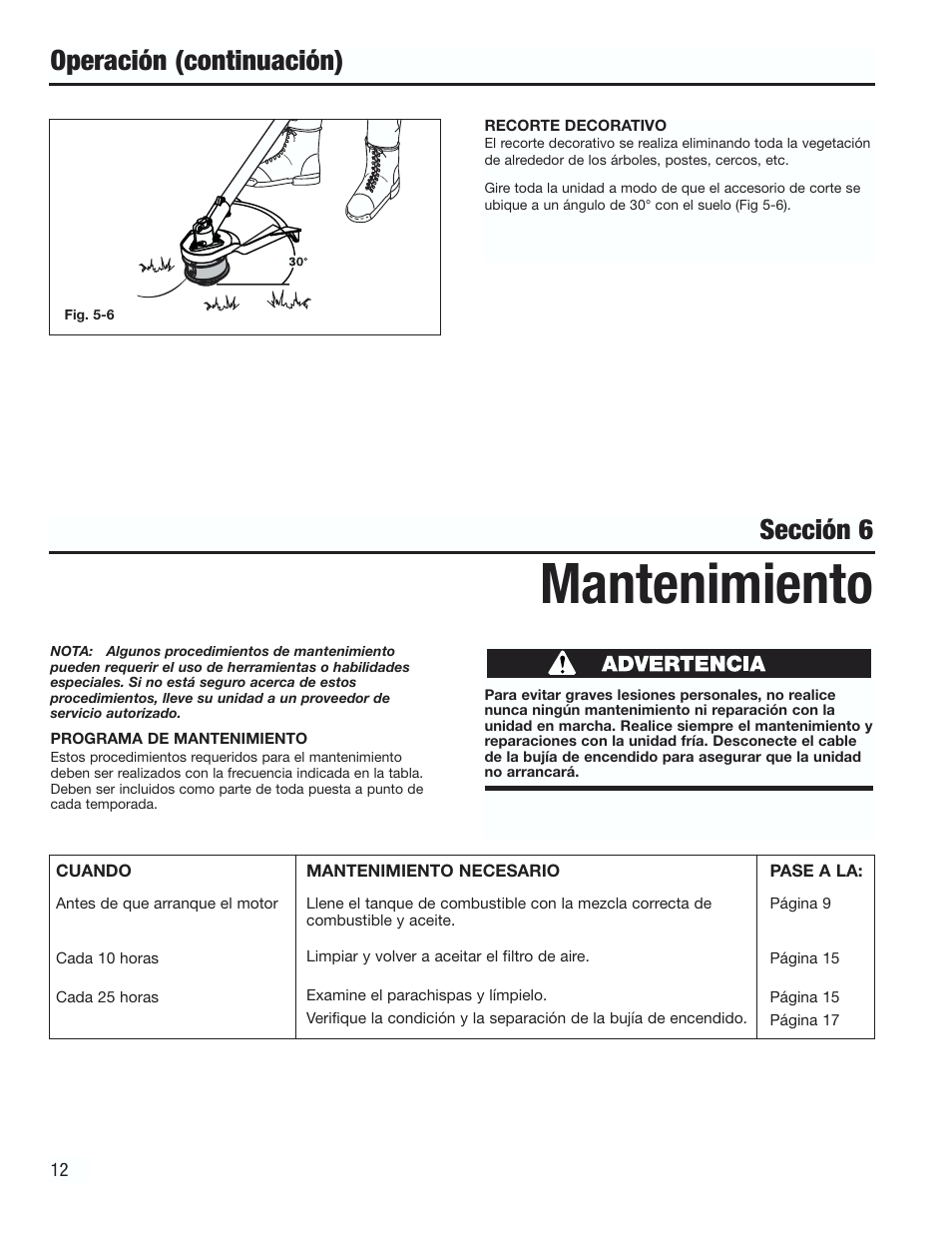 Mantenimiento, Operación (continuación), Sección 6 | Cub Cadet CC3000 User Manual | Page 52 / 60