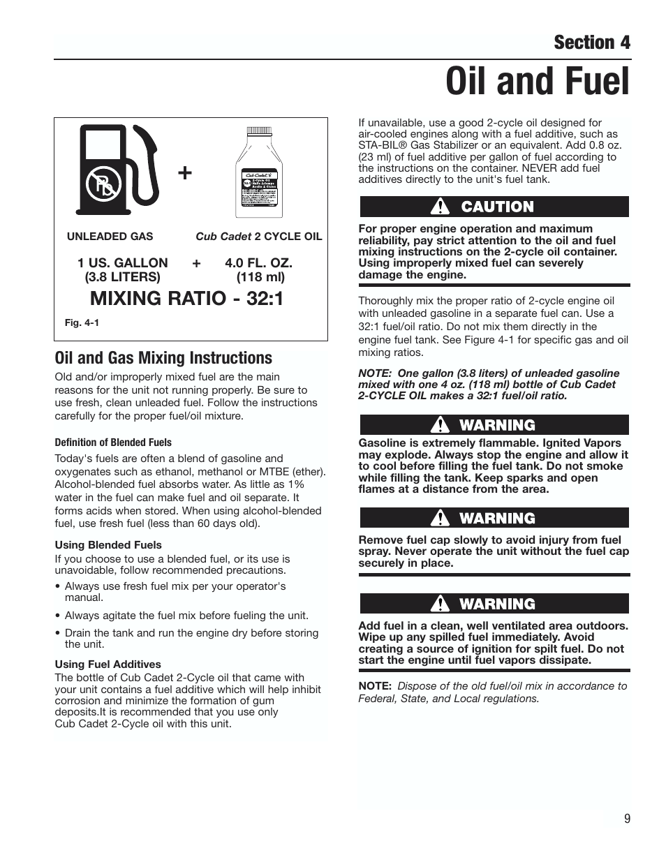 Oil and fuel, Mixing ratio - 32:1, Oil and gas mixing instructions | Cub Cadet CC3000 User Manual | Page 9 / 60