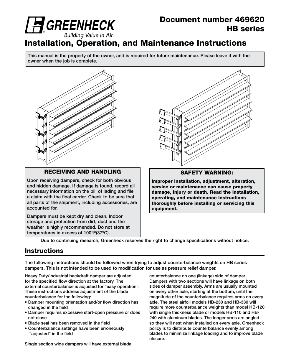 Greenheck HB Series (469620) User Manual | 3 pages