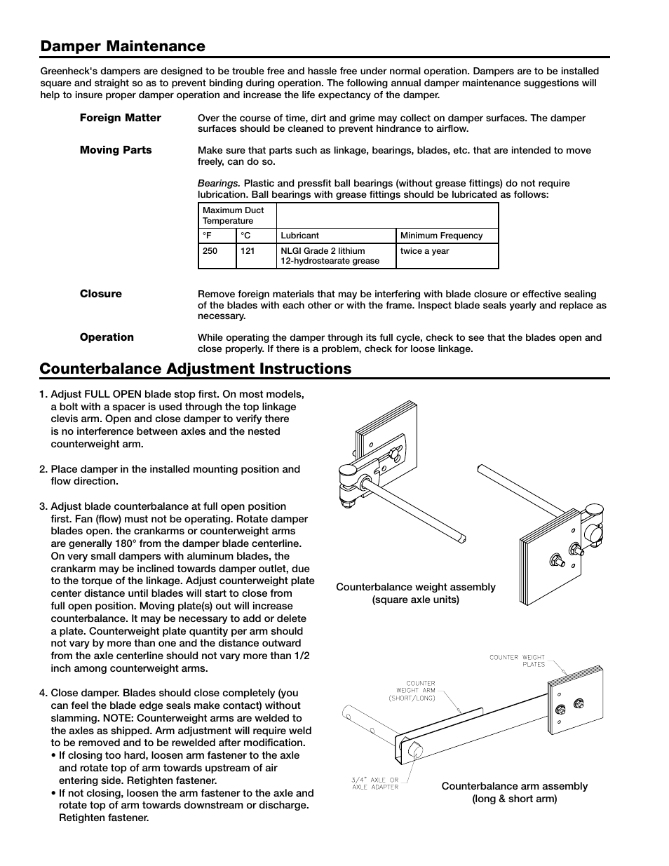 Damper maintenance, Counterbalance adjustment instructions | Greenheck HB Series (469620) User Manual | Page 2 / 3