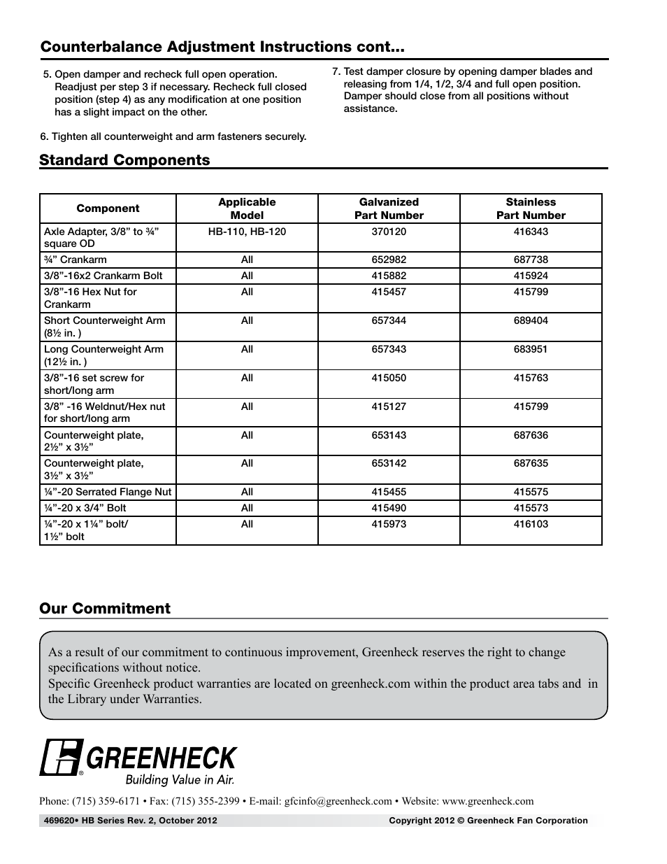Counterbalance adjustment instructions cont, Standard components, Our commitment | Greenheck HB Series (469620) User Manual | Page 3 / 3