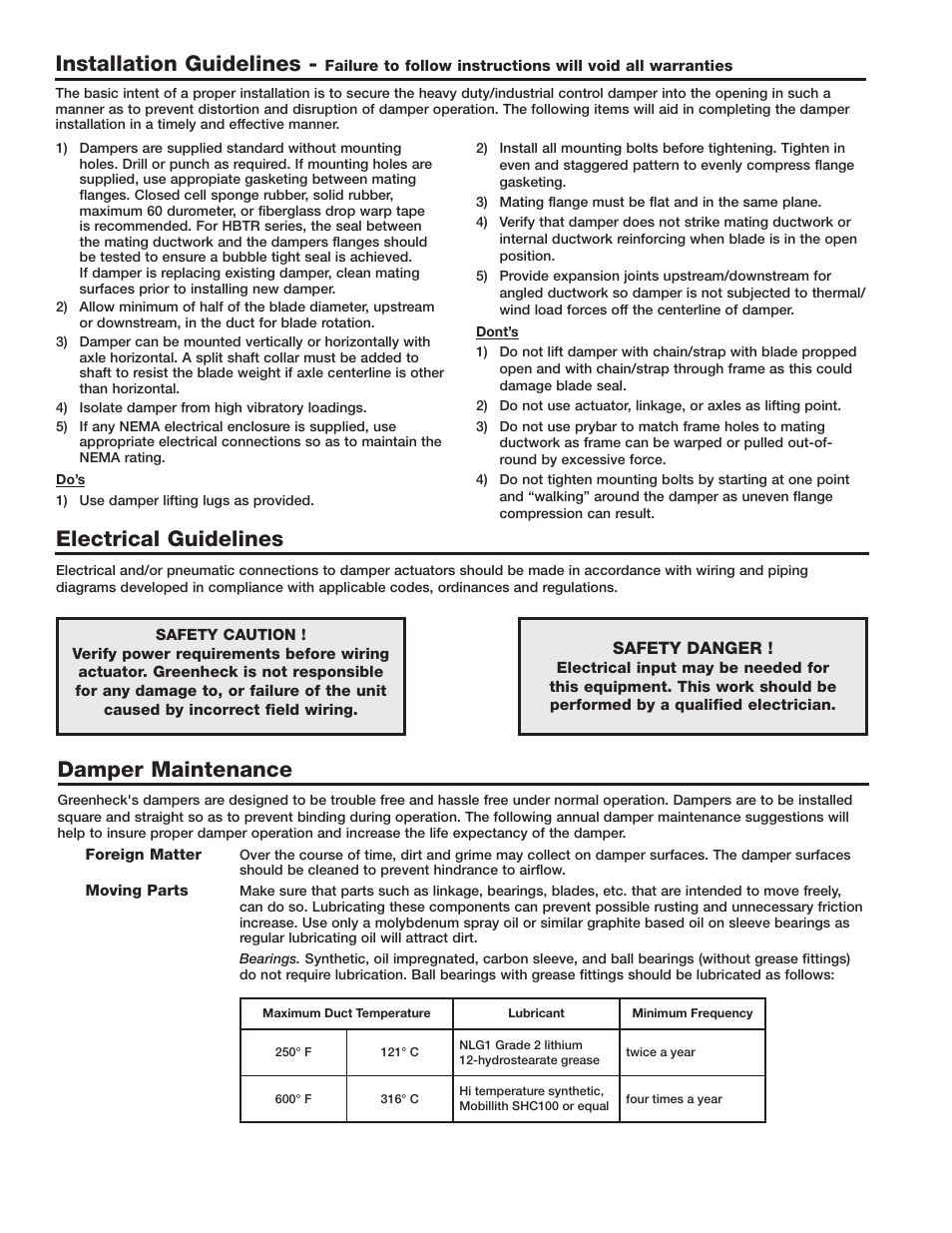 Installation guidelines, Electrical guidelines, Damper maintenance | Greenheck HBTR & HCDR Series (469619) User Manual | Page 2 / 4