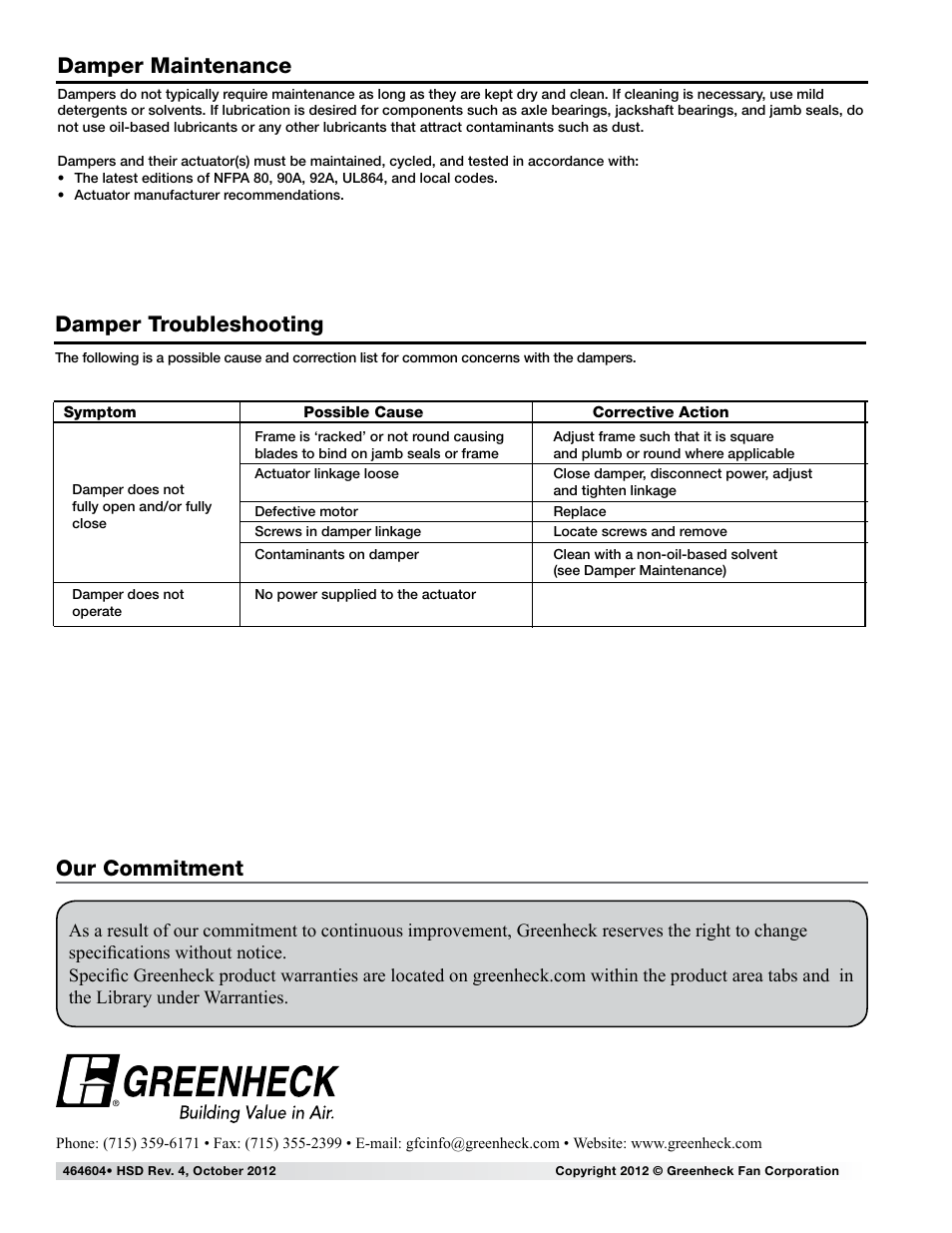 Damper troubleshooting, Damper maintenance, Our commitment | Greenheck Heavy Duty Smoke Damper HSD-401 (464604) User Manual | Page 3 / 3